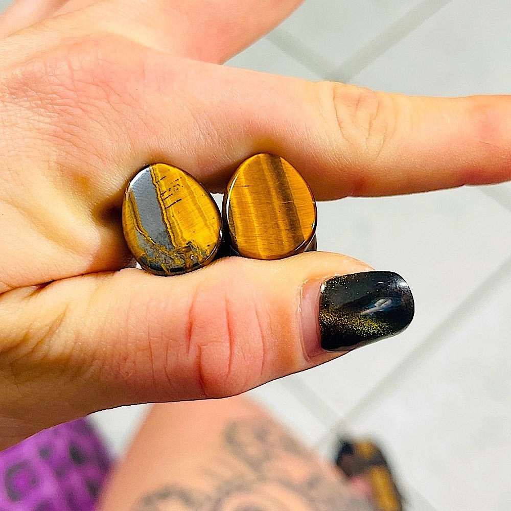 Genuine Tiger Iron Tiger Eye Ear Plugs Flares size 1/2 “ Grade AAA+ Teardrop